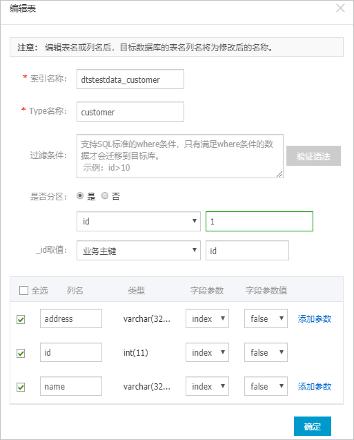 设置索引名称等信息